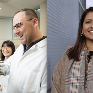 Kyle Duncan on the left hand side looking at his machine and smiling, Caroline Variath on the right, outside and smiling at the camera. Split-screen image