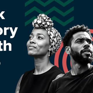 Two Black individuals, one raising an arm, with "Black History Month 2026" written on the left