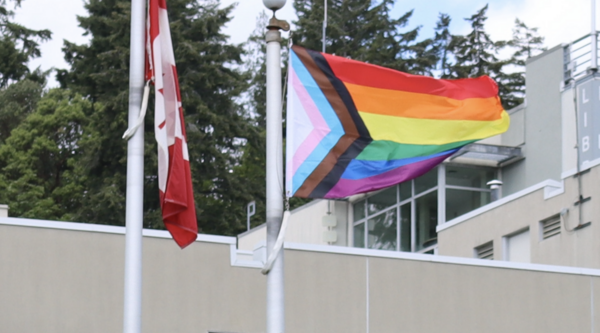 The Pride flag flies in Royal Bank Plaza at VIU's Nanaimo campus