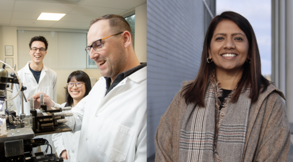 Kyle Duncan on the left hand side looking at his machine and smiling, Caroline Variath on the right, outside and smiling at the camera. Split-screen image