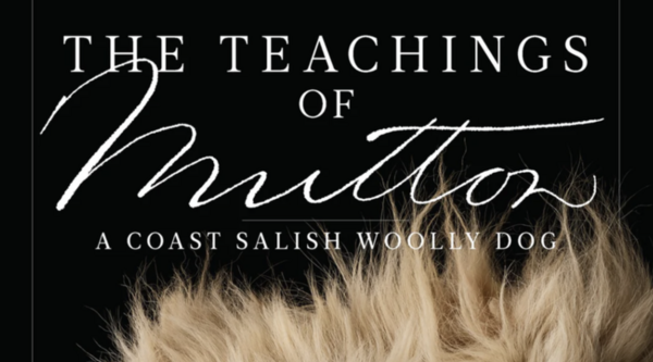 The book cover of The Teachings of Mutton shows a black background with white dog fur in the foreground