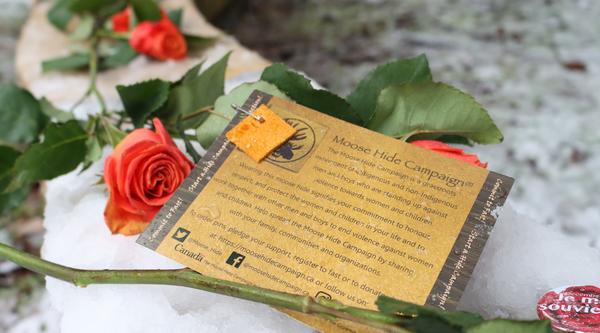 Roses on snow with a Moose Hide Campaign poster