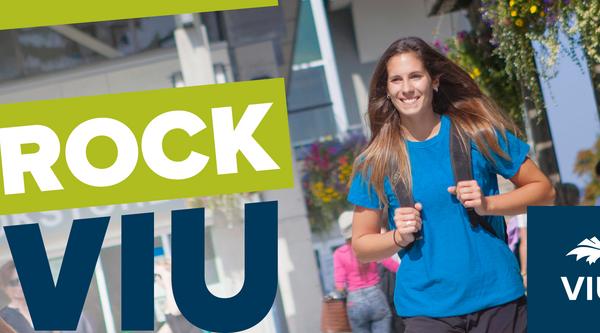 Rock VIU logo with girl walking with backpack