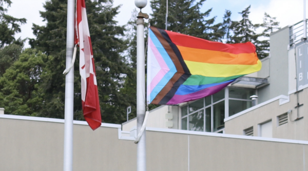 Two flagpoles side by side. One holds the Canada flag and the other the Pride flag.