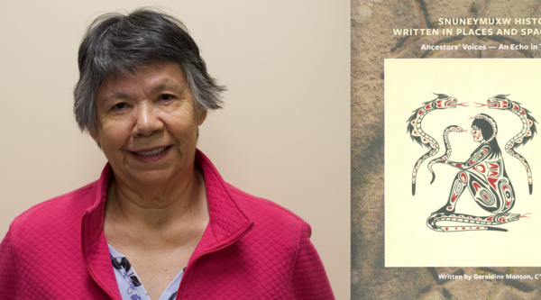 VIU Elder-in-REsidence Geraldine Manson and the cover of her new book