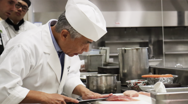 Visiting from Kyoto, Japan, Motoi Kurisu, Executive Chef at Arashiyama Kumahiko and President of Kumahiko Co. Ltd. gave a demonstration to VIU Culinary students this week to help celebrate the launch of the new certification.  Photo: Vancouver Island Univ