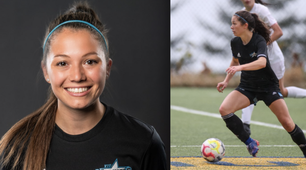 Split screen shot of Shea Battie smiling for a profile photo on the left, and in action on the turf on the right
