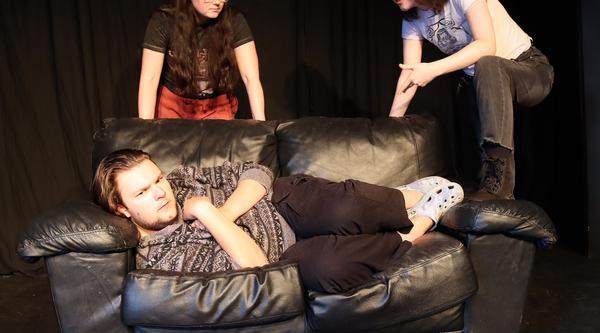 Actors Makenna Paugh, Cameron Greer and Ellie Crawford rehearse a scene from Tough.