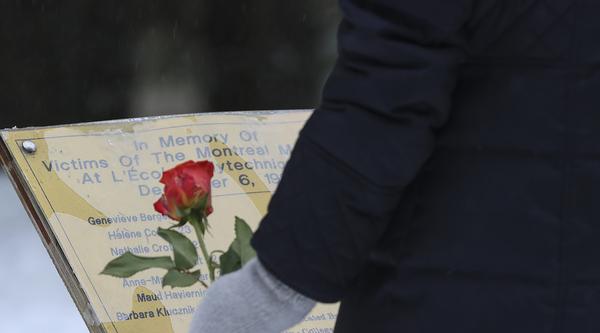 A person holding an orange rose stands in front of the plaque dedicated to the 14 young women who were murdered in the 1989 massacre at École Polytechnique. 