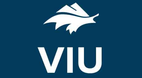 White lettering reading VIU on a dark blue background.