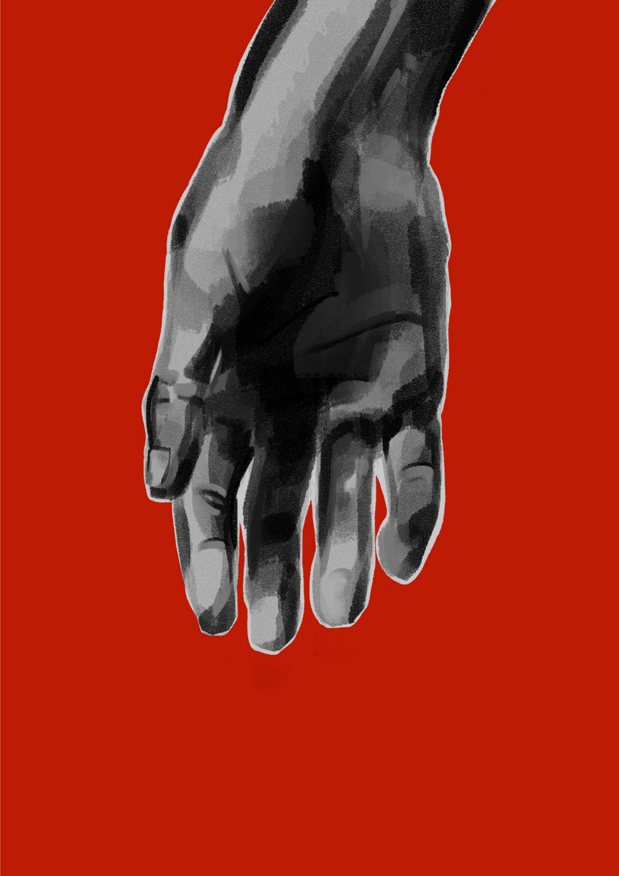 A hand pointing downward on a red background.