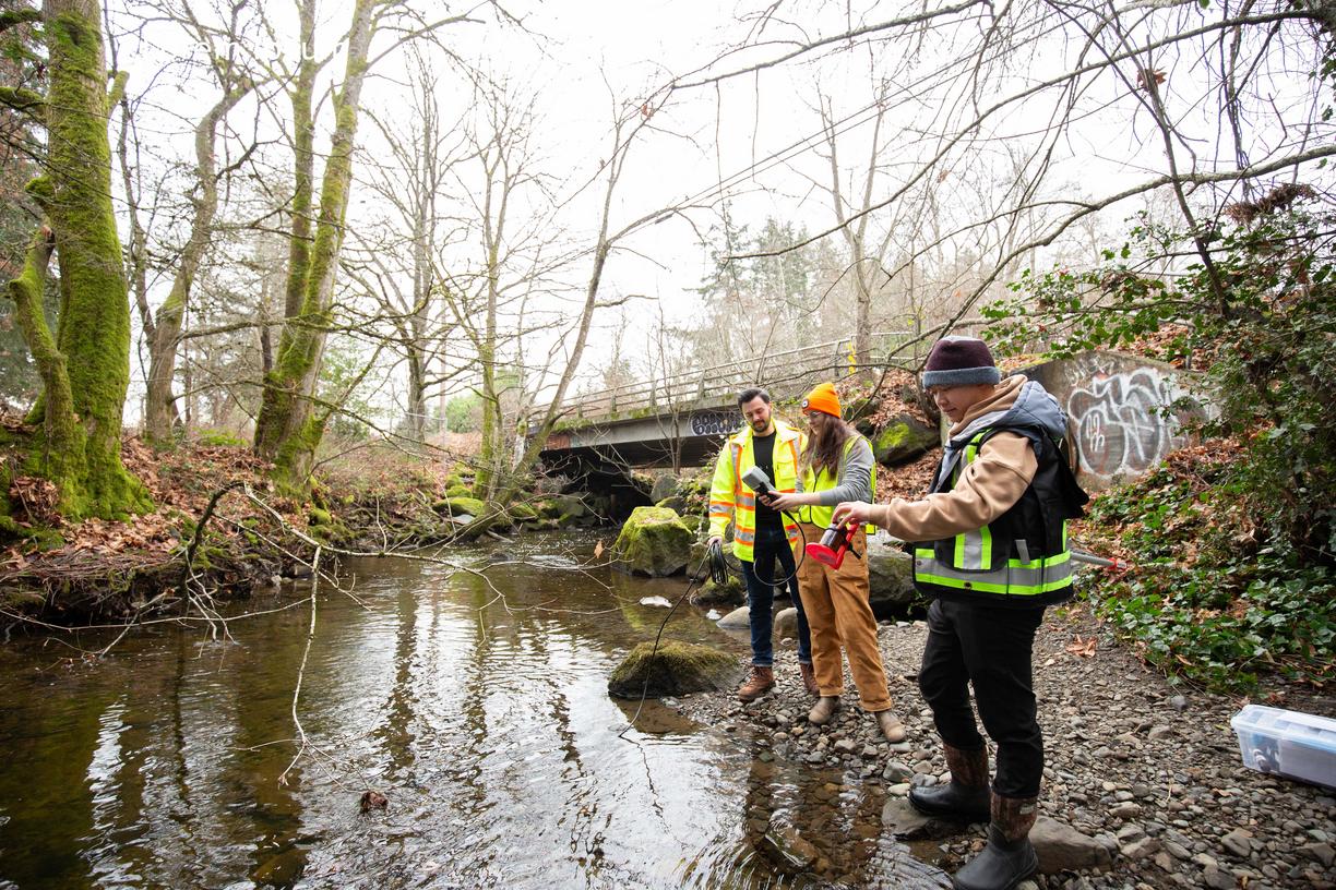 Three people survey a river