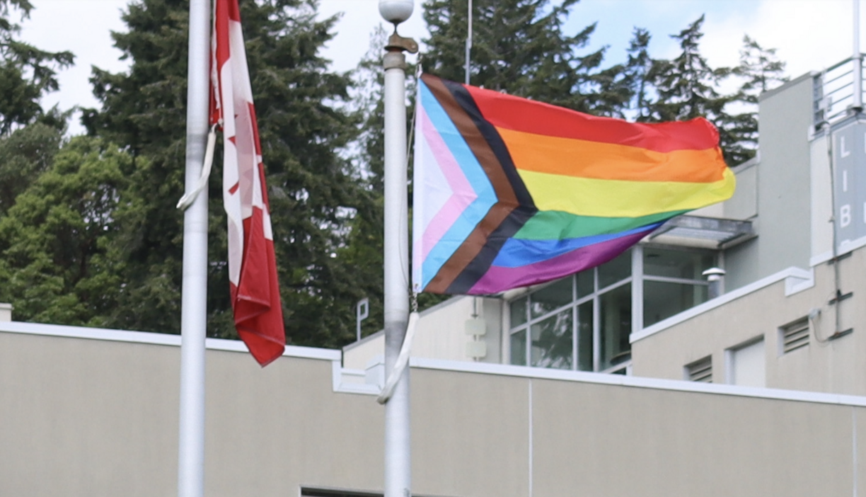 The Pride flag flies in Royal Bank Plaza at VIU's Nanaimo campus