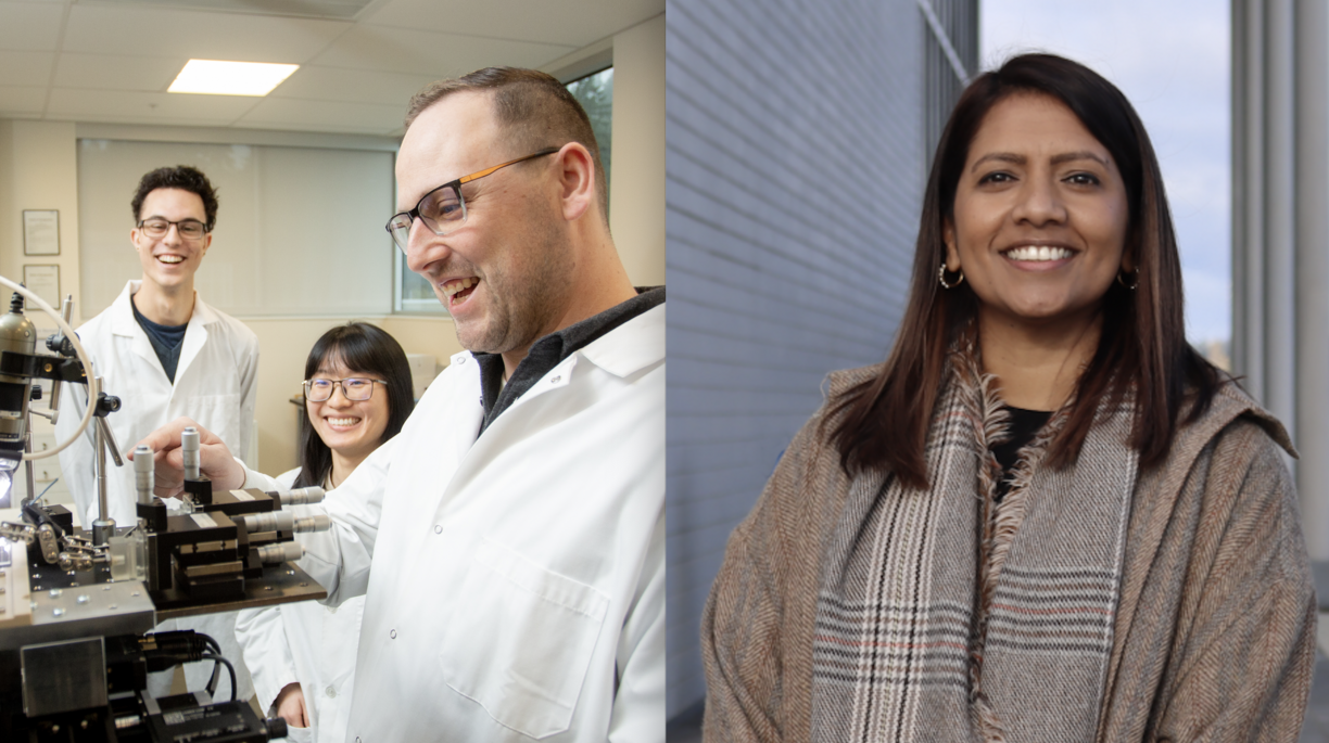 Kyle Duncan on the left hand side looking at his machine and smiling, Caroline Variath on the right, outside and smiling at the camera. Split-screen image