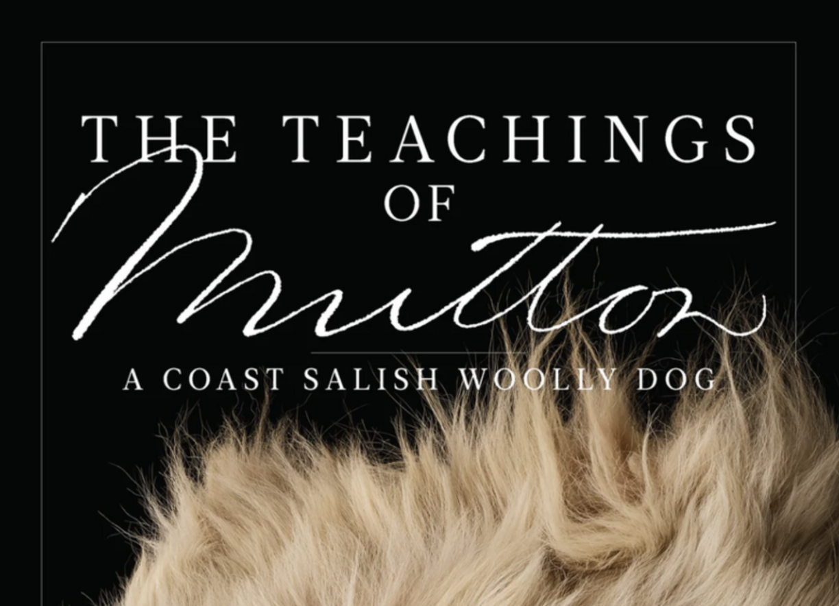 The book cover of The Teachings of Mutton shows a black background with white dog fur in the foreground