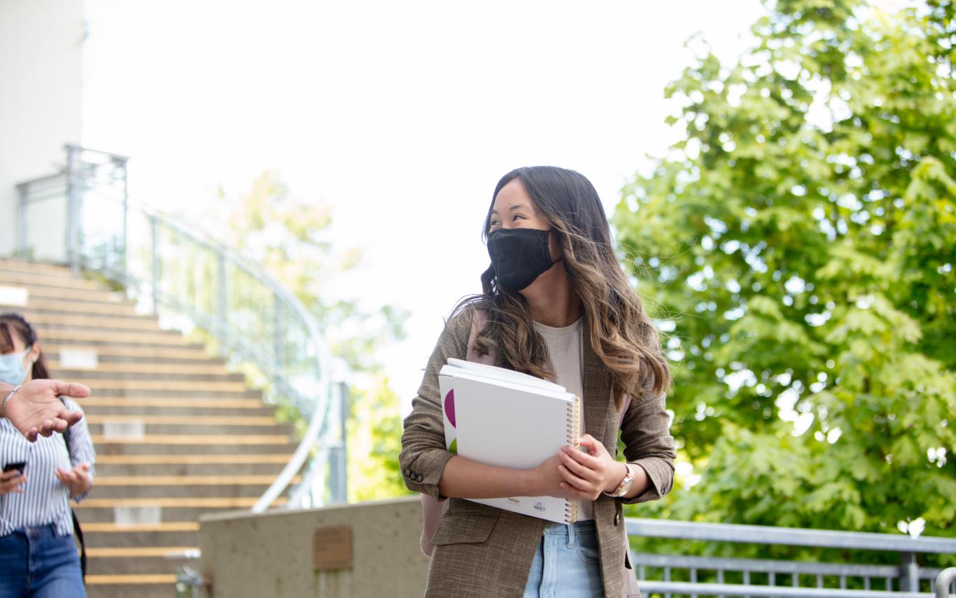 VIU students wearing mask by the library