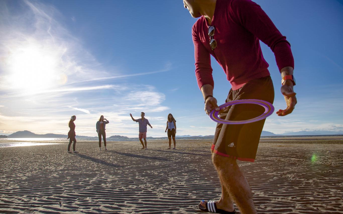 Students play frisbee at a beach